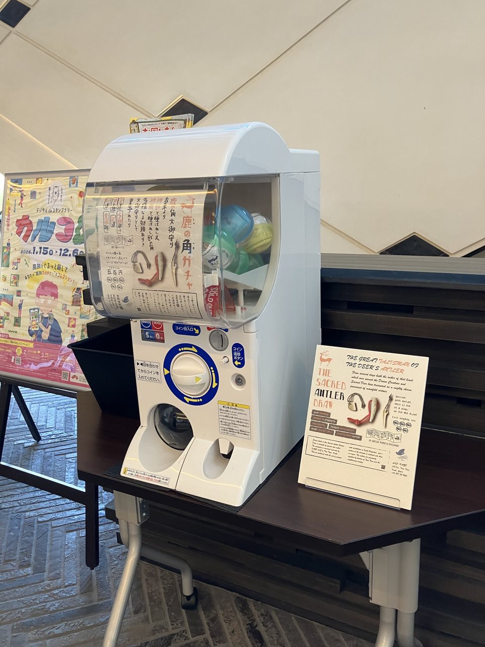 高知県立高知城歴史博物館に置かれた鹿の角ガチャ。白いガチャの前面に日本語のPOP、脇の台に英語のPOP「THE SACRED ANTLER DRAW」、中に色とりどりのカプセルが見える。